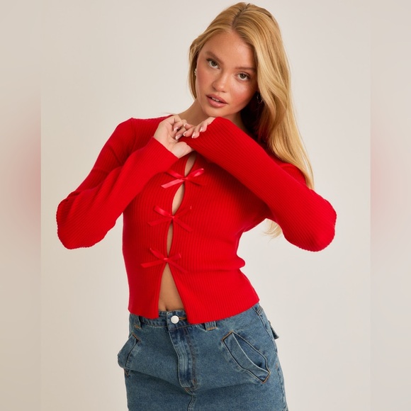 Satin Bow Cutout Knit Long Sleeve Top - Le Lis - Picture 2 of 6
